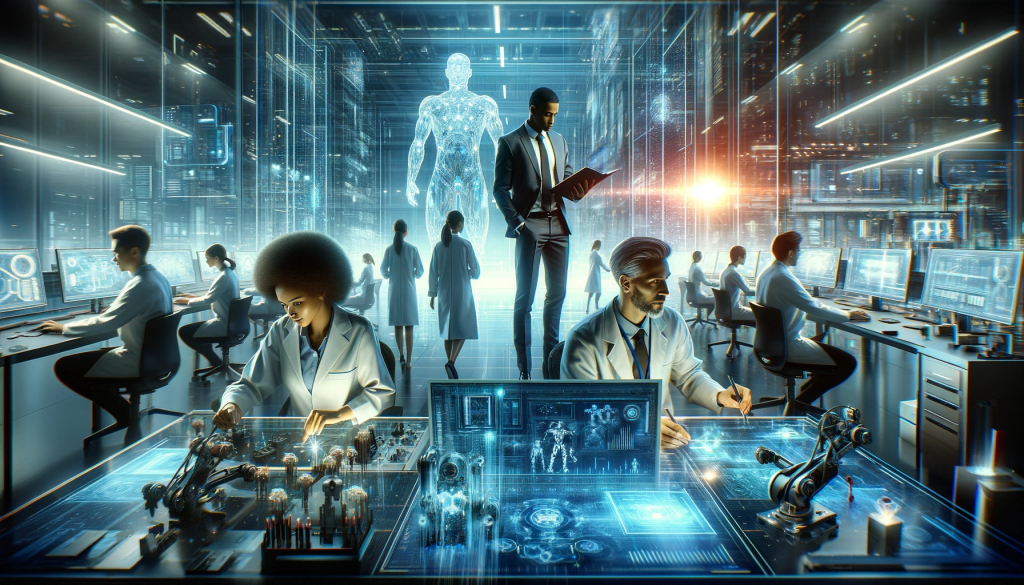 A Black female engineer and a White male scientist working in a high-tech research lab, surrounded by innovative equipment at Northern Technologies Group.