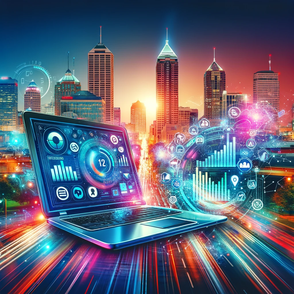 Dynamic view of Indianapolis with digital marketing elements, including a laptop displaying analytics and social media icons, symbolizing local business growth through digital innovation.